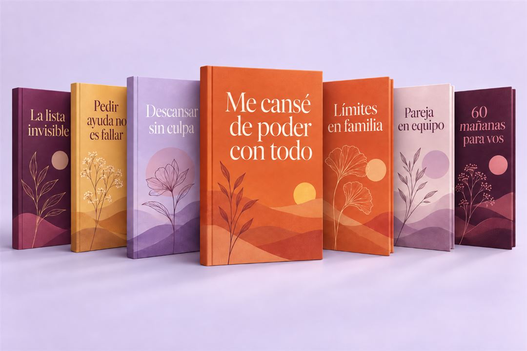 Los 7 libros del pack: Me cansé de poder con todo en el centro y los 6 libros de regalo alrededor