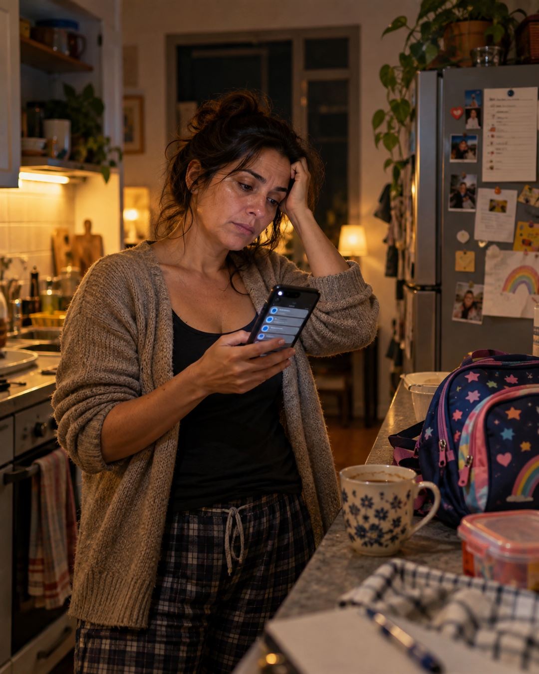 Mujer cansada a la noche en la cocina, mirando el celular lleno de mensajes, con la mochila del colegio y un café frío