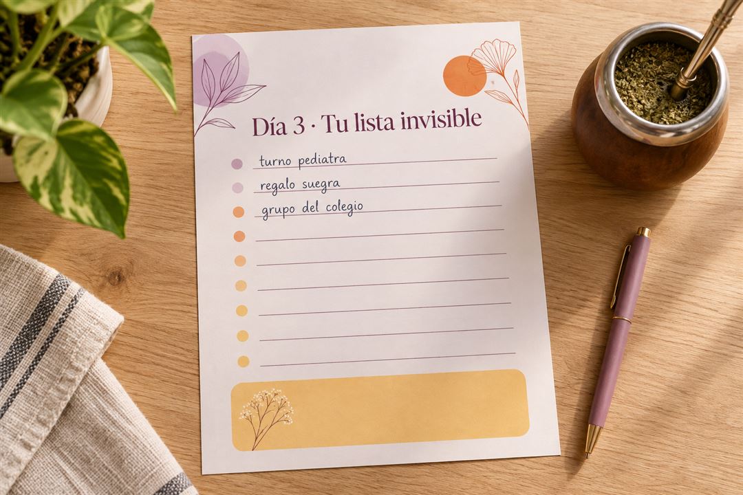 Hoja impresa del ejercicio Día 3, Tu lista invisible, con tareas anotadas a mano junto a un mate